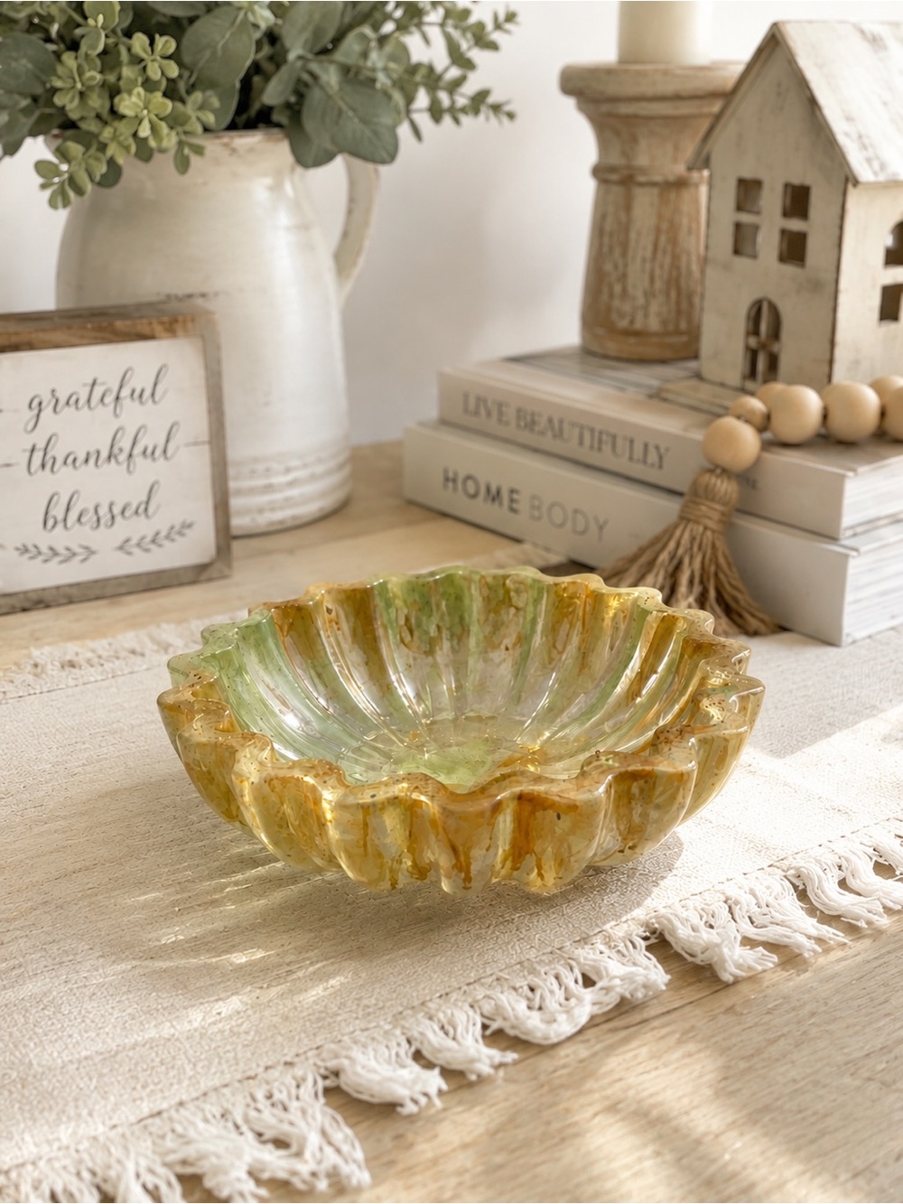 Resin Handmade Green and Amber Decorative Serving Bowl